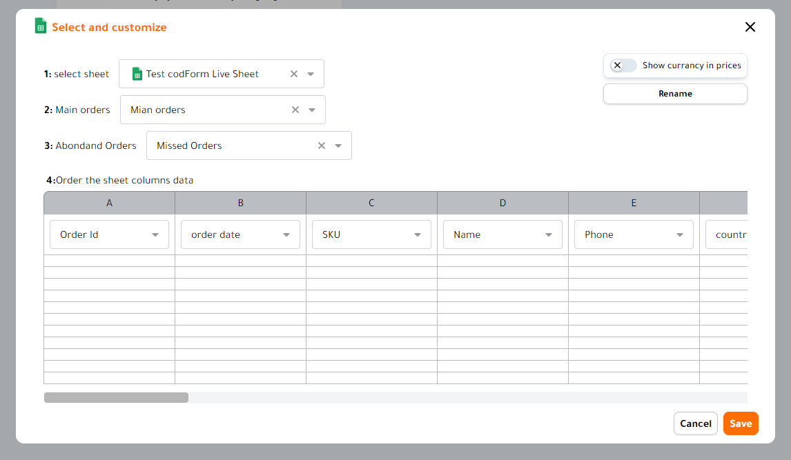 imag show how to link codform with google sheet to sync orders and abandoned orders directly to your google sheet